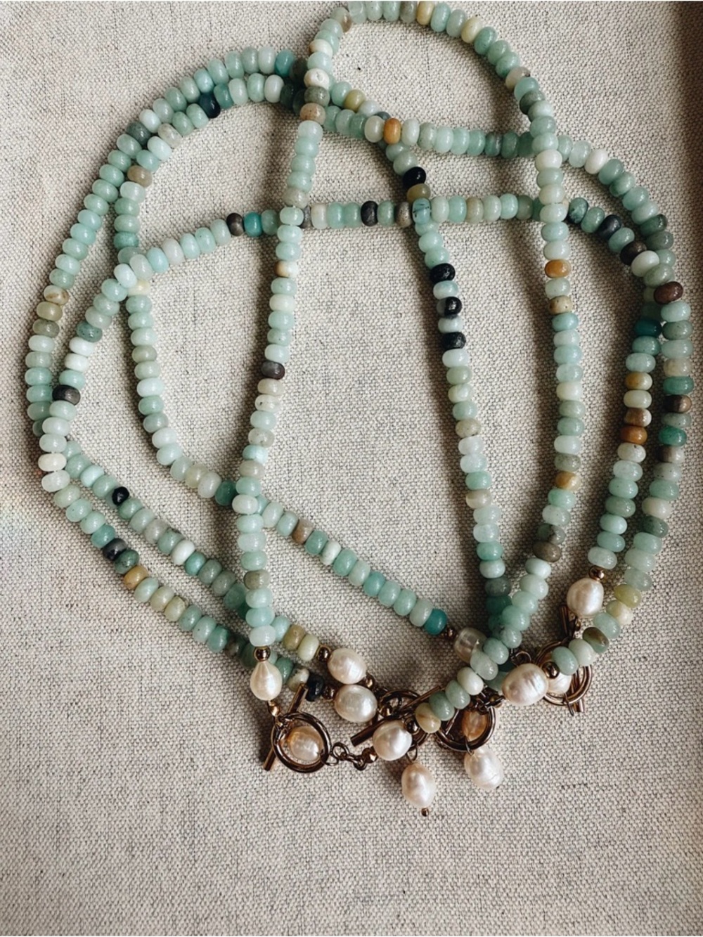 Multi-Strand Amazonite Bead Necklace with Freshwater Pearls- Mint Green
